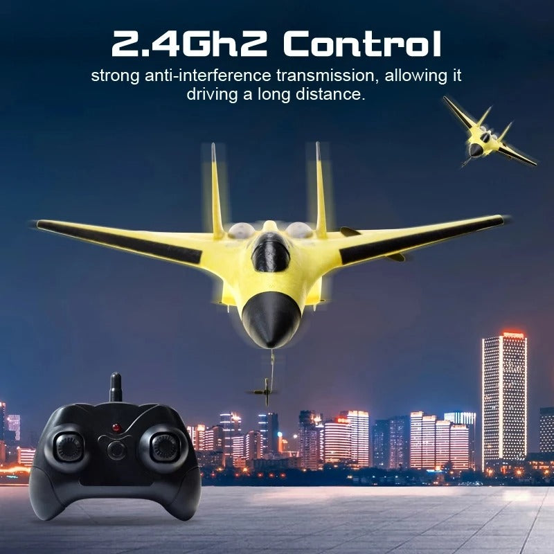 The complete remote control foam fighter airplane toy set, including the plane and remote control
