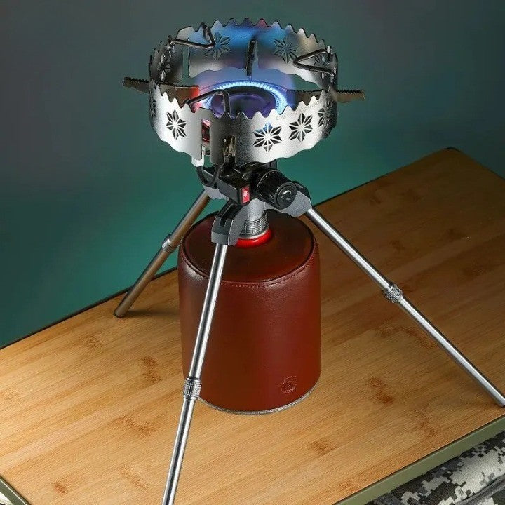 Creative gadget for outdoor cooking shown in use on uneven ground