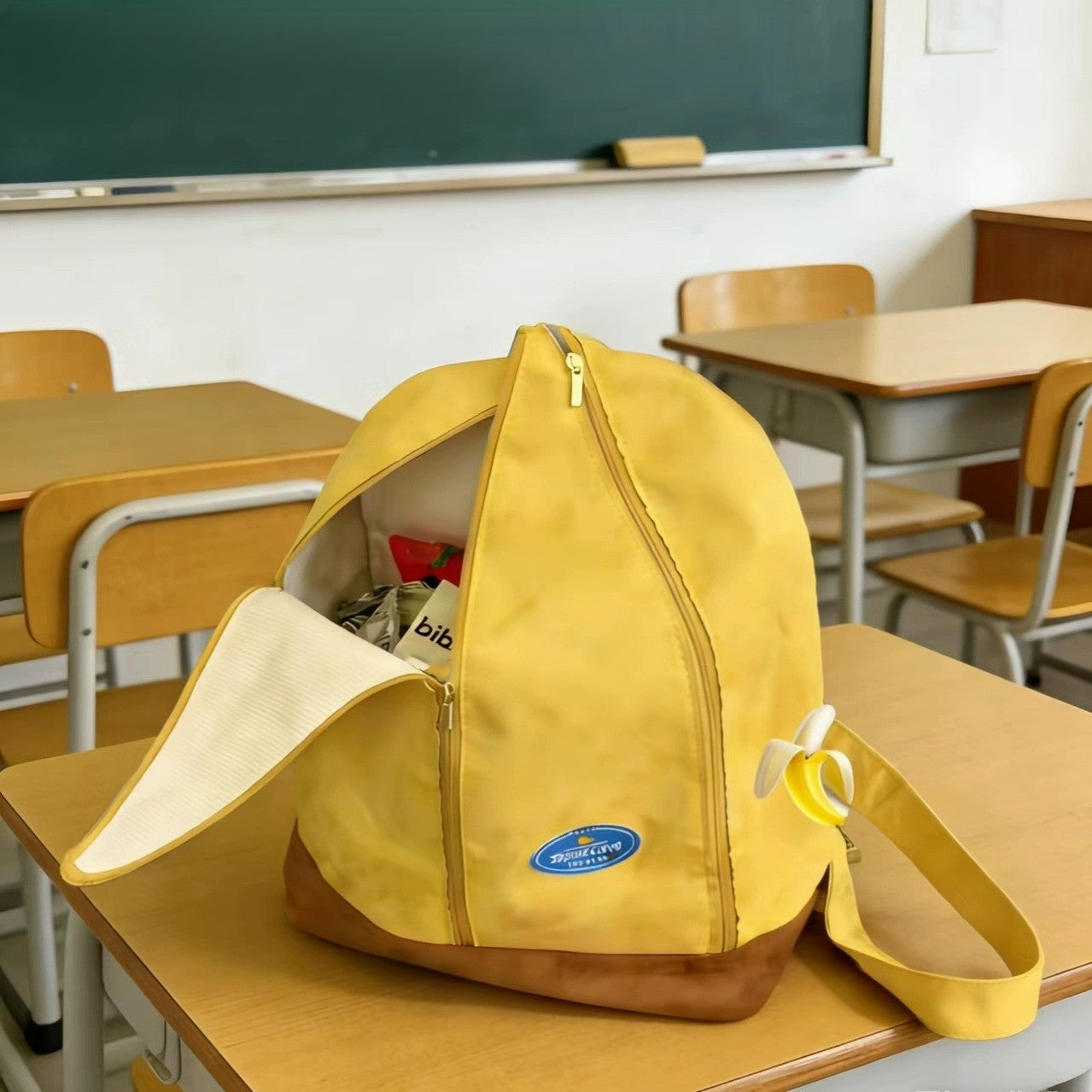 Close-up of the spacious interior of the banana backpack