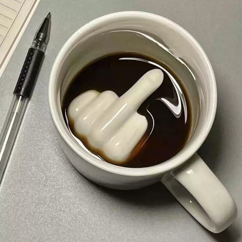 Cheeky Middle Finger Ceramic Mug on display