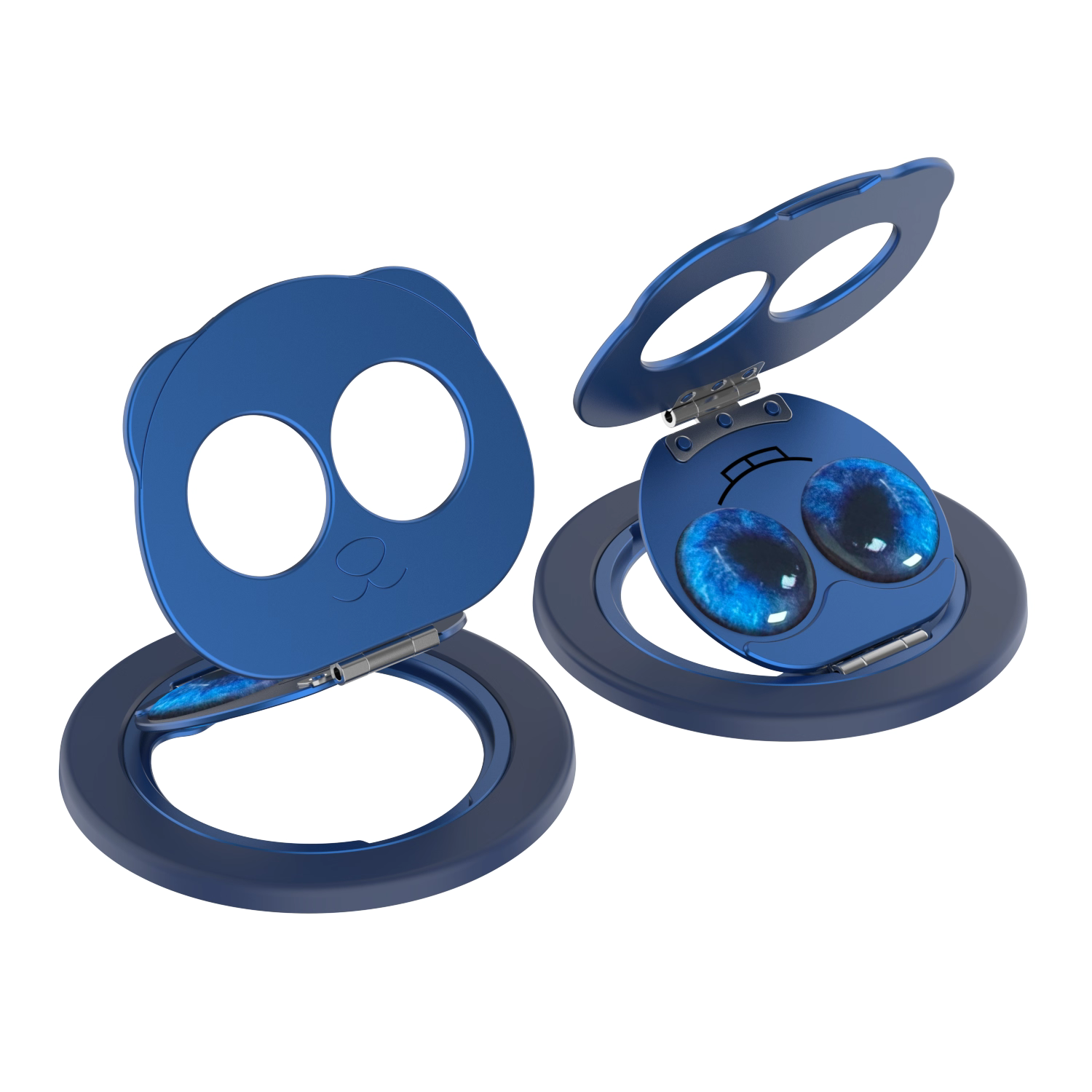 Black Panda Eyes phone stand shown with its strong MagSafe magnetic attachment