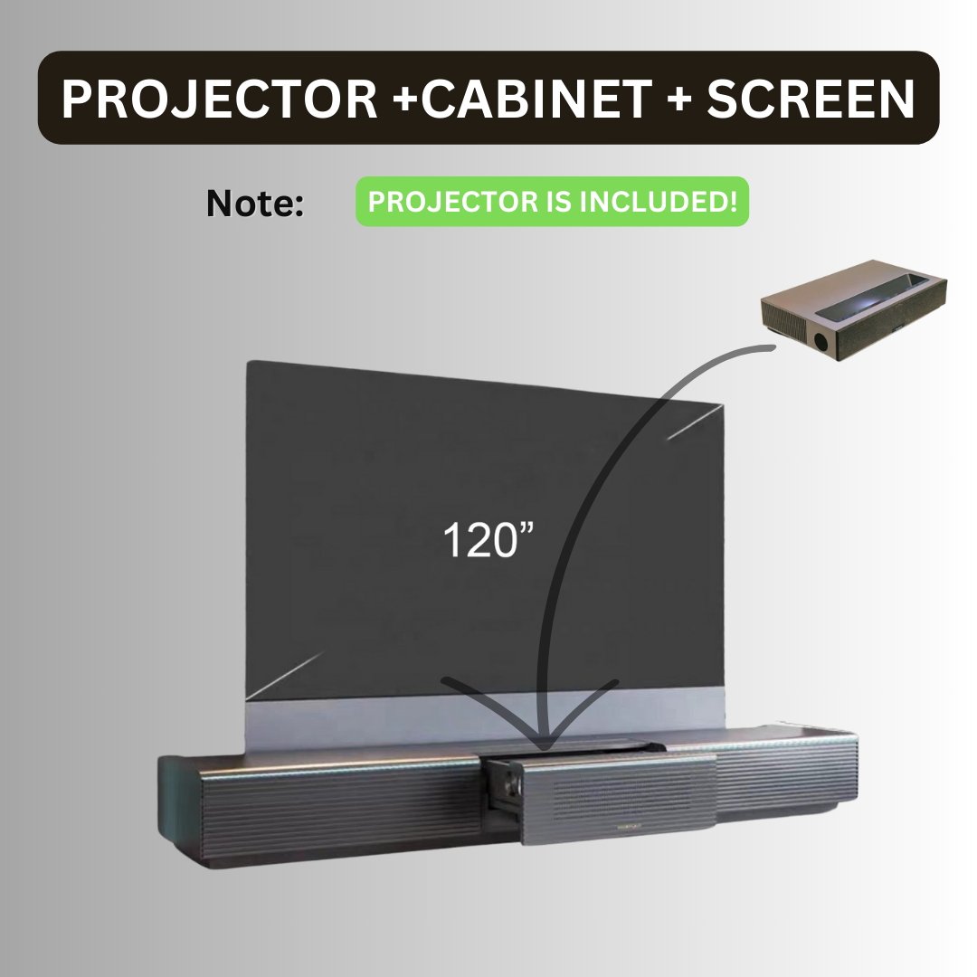 The cabinet and screen components of the home theater system