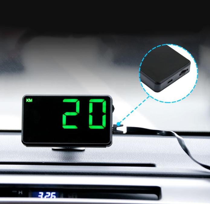 Digital GPS speedometer mounted on a dashboard, displaying speed and other metrics.