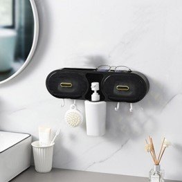 Water-Resistant Wall-Mounted Bathroom Storage Rack filled with toiletries