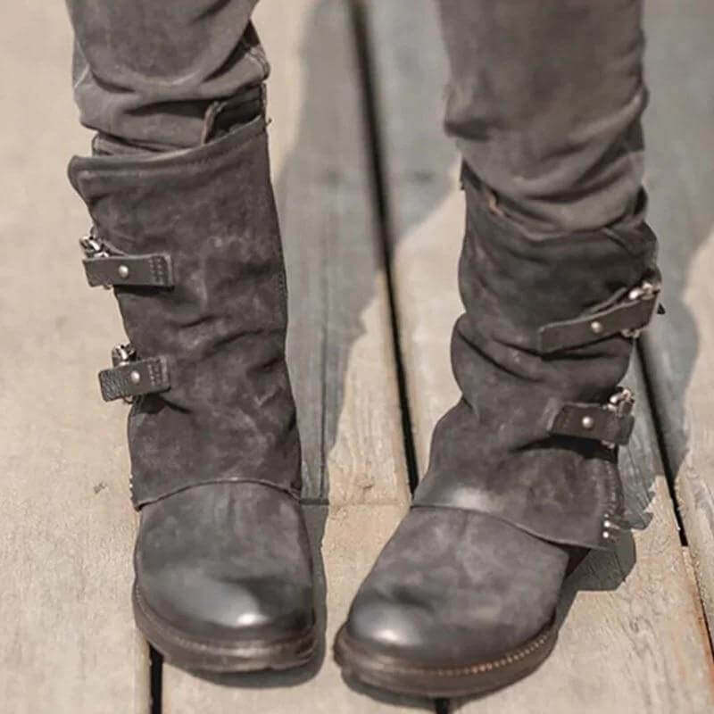 Side profile of the vintage punk ankle boots showing the heel