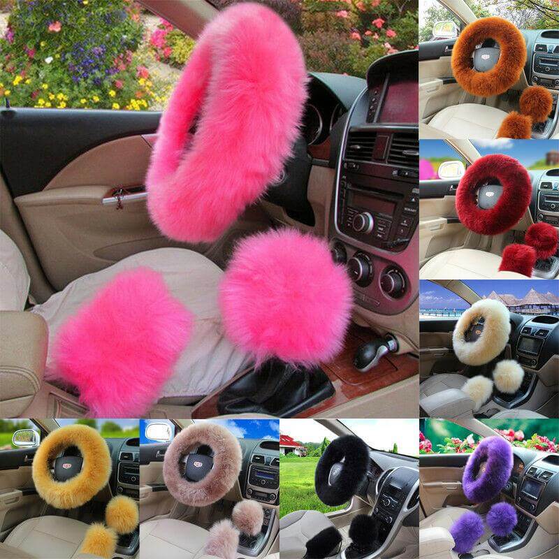 Cozy grey plush steering wheel cover installed in a car