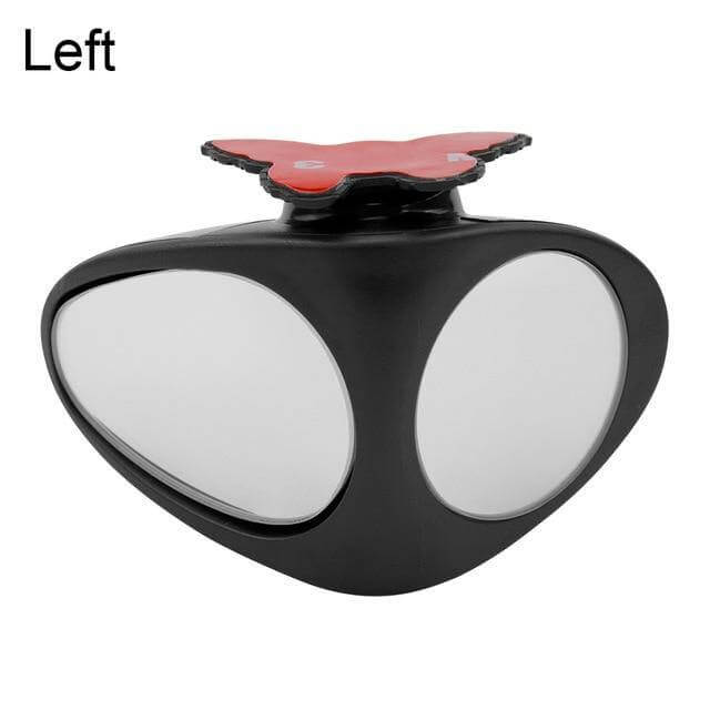 Close-up of the adjustable wide-angle blind spot mirror for safe driving