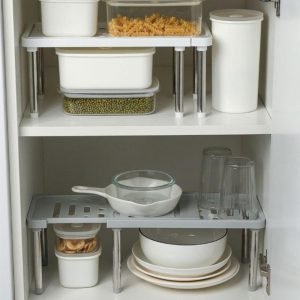 Adjustable and collapsible cabinet shelf for kitchen storage