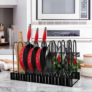 8-tier adjustable pot and pan organizer for cabinets and countertops