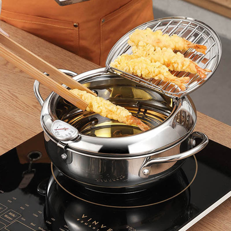 Japanese Style Deep Frying Pot with tempura on the drip rack