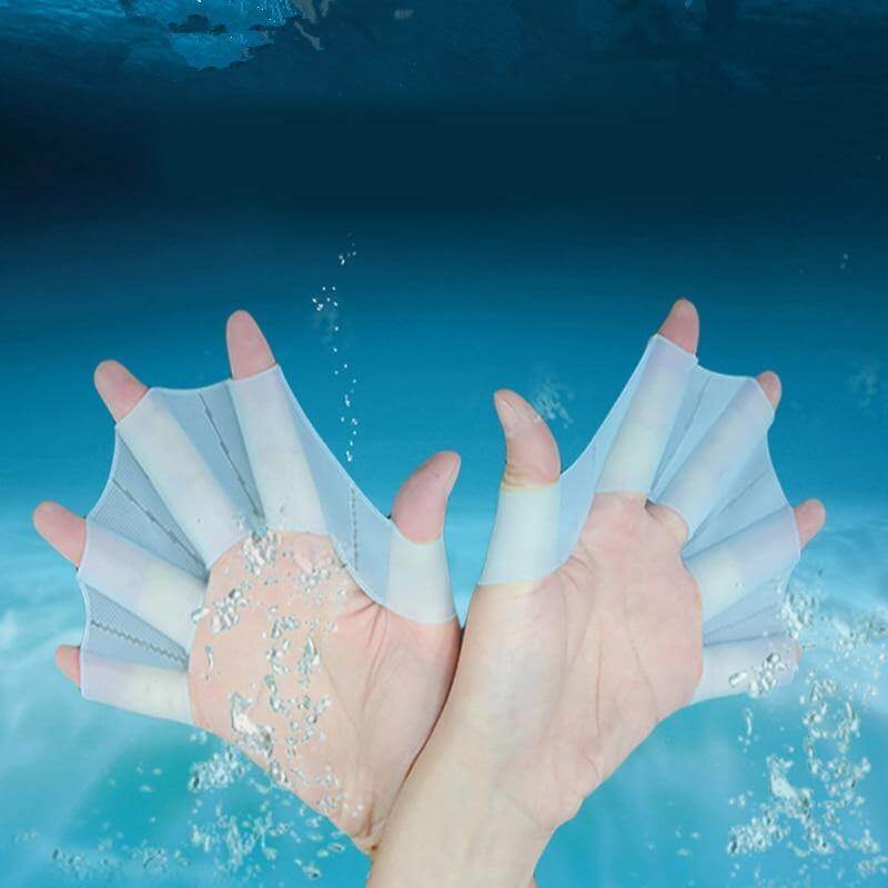 A swimmer wearing the blue webbed swimming gloves