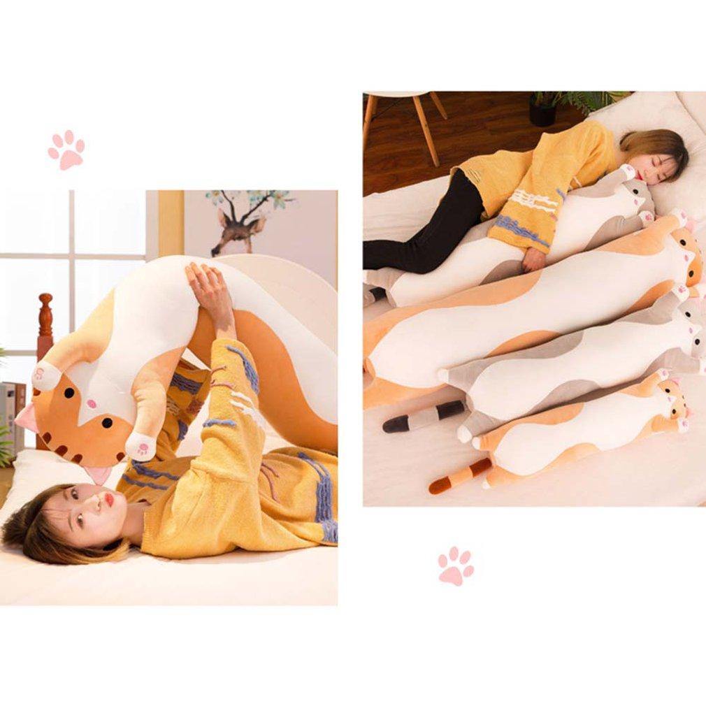 Close-up of the cute cat soft long cat plush pillow's smiling face