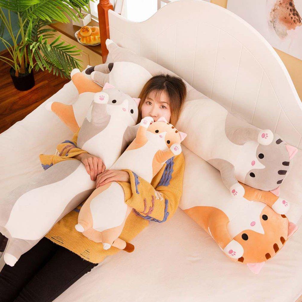 Collection of cute cat soft long cat plush pillows in grey and orange