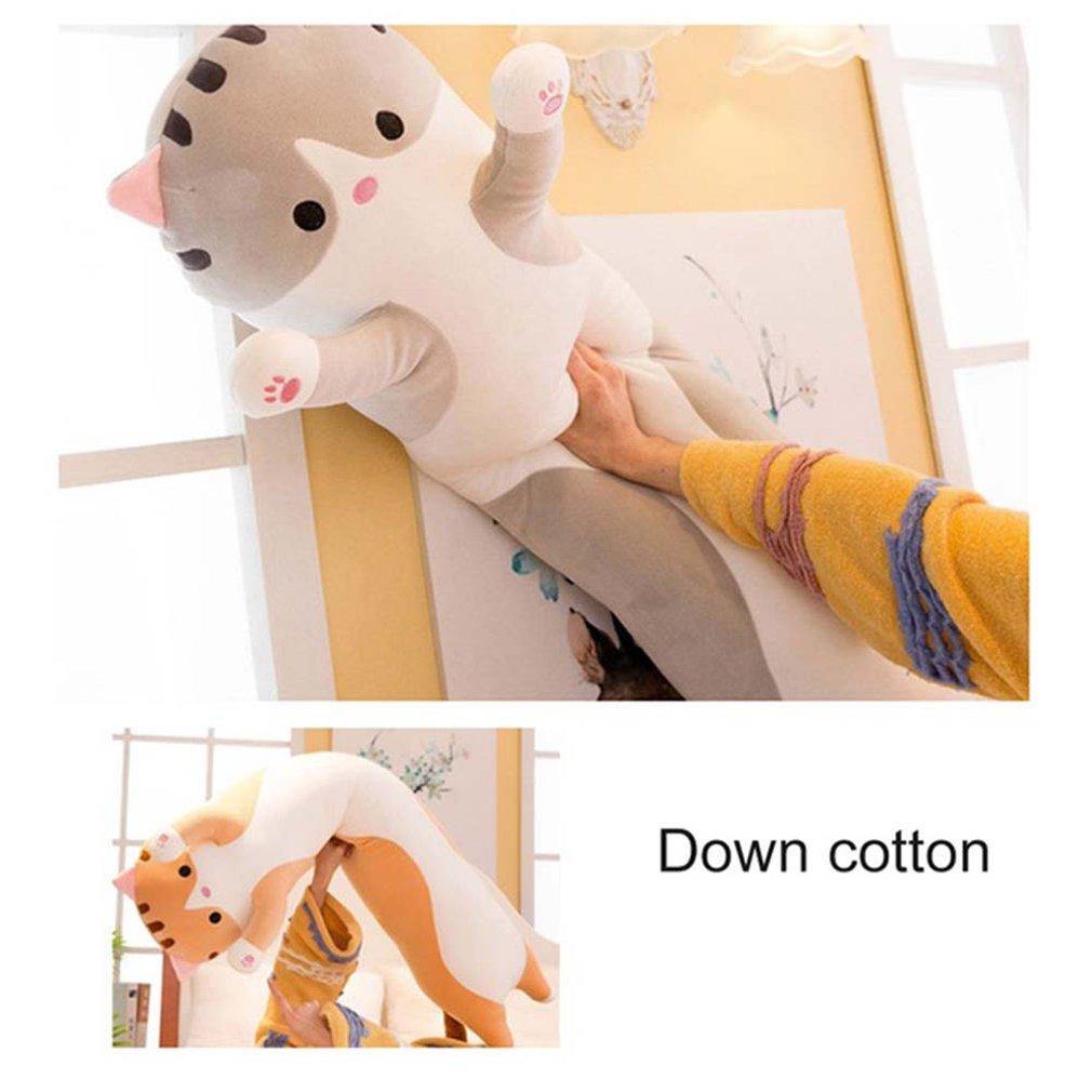 The long cat plush pillow used as a decorative home essential on a chair