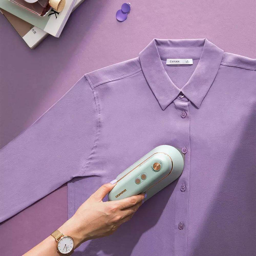 Close-up of the portable steam iron's powerful steam function