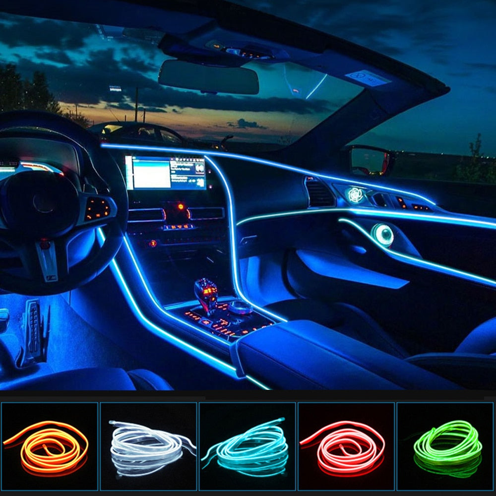 Vibrant blue Car Interior Decorative LED Strip Atmosphere Light installed in a dashboard