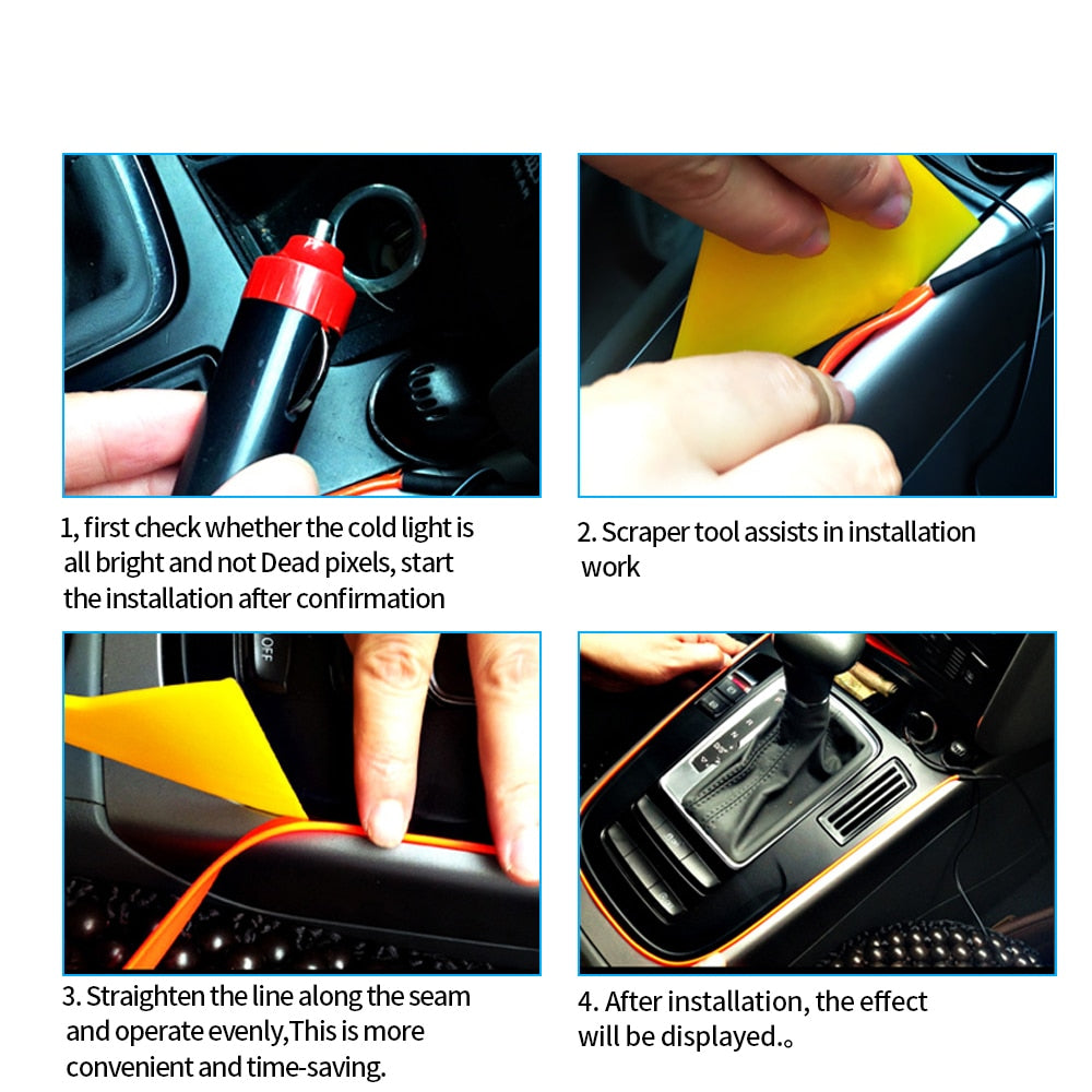Easy installation process of the decorative LED strip into a car's panel seam