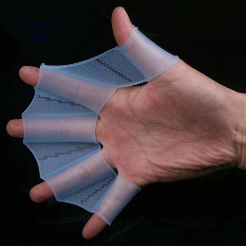 A swimmer propelling through the water with webbed swimming gloves