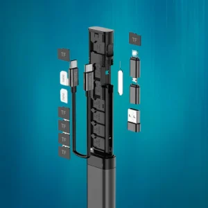 Sleek organizer box for cables and smart cards, with a built-in charging port