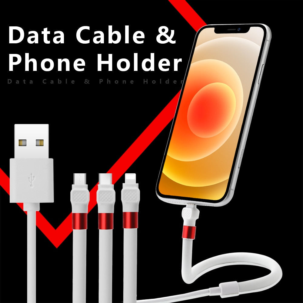 Close-up of the iPhone, Type-C, and Android charging connectors for the flexible phone holder cable
