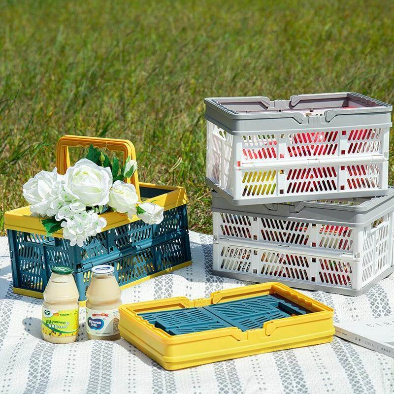 Multiple foldable baskets stacked neatly for home organization