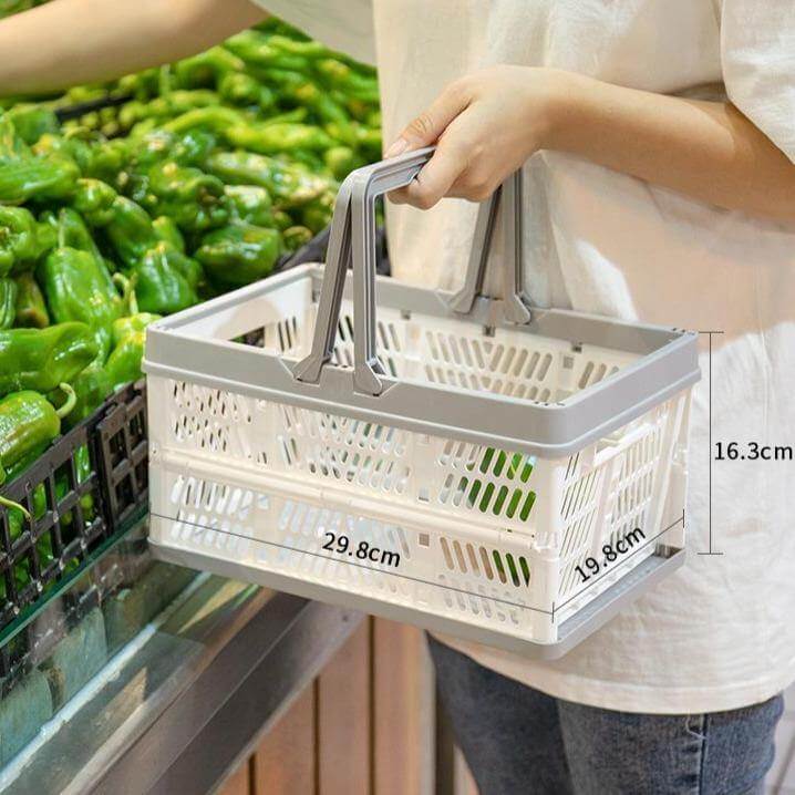 The compact, folded-flat profile of the easy shopping basket