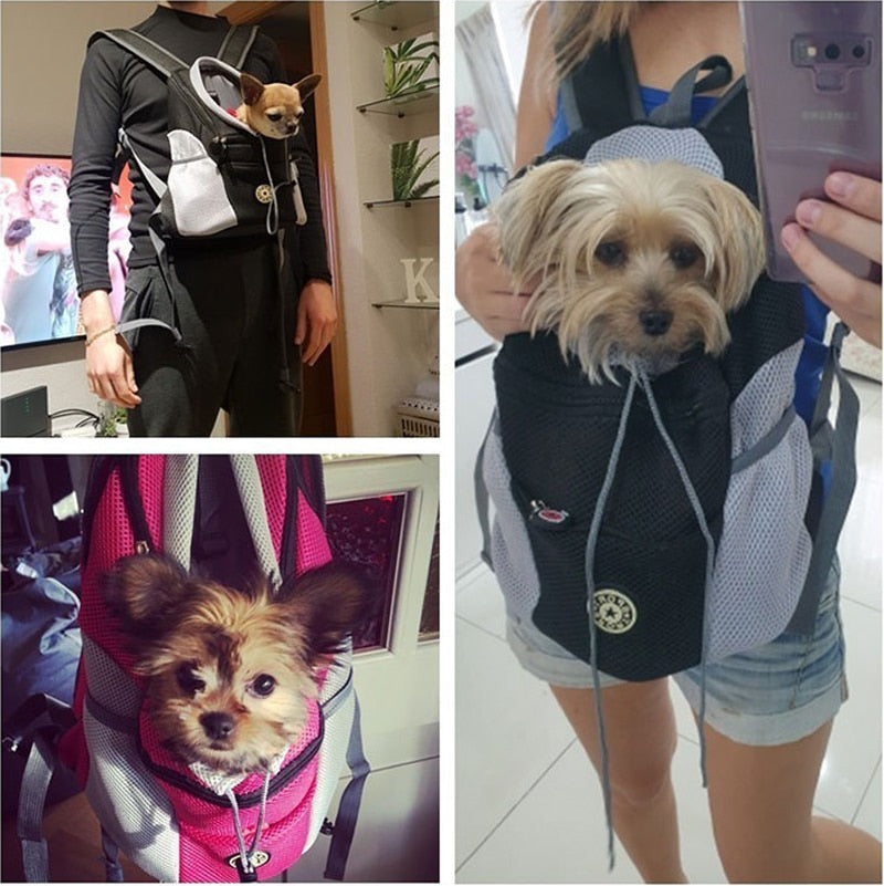 Diagram showing the two ways to wear the pet carrier backpack: on the front or on the back.