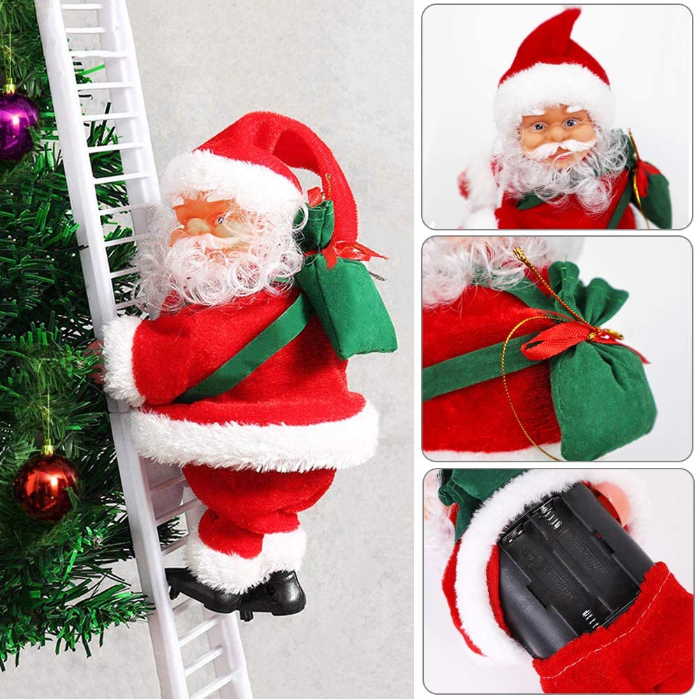 Close-up of the plush Santa Claus on the ladder