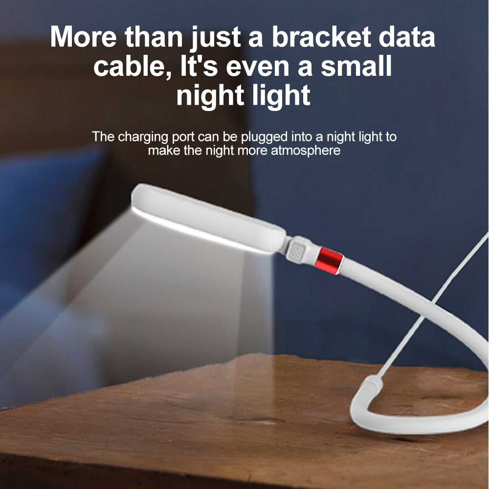 The flexible charging cable phone holder demonstrating its strength holding a phone