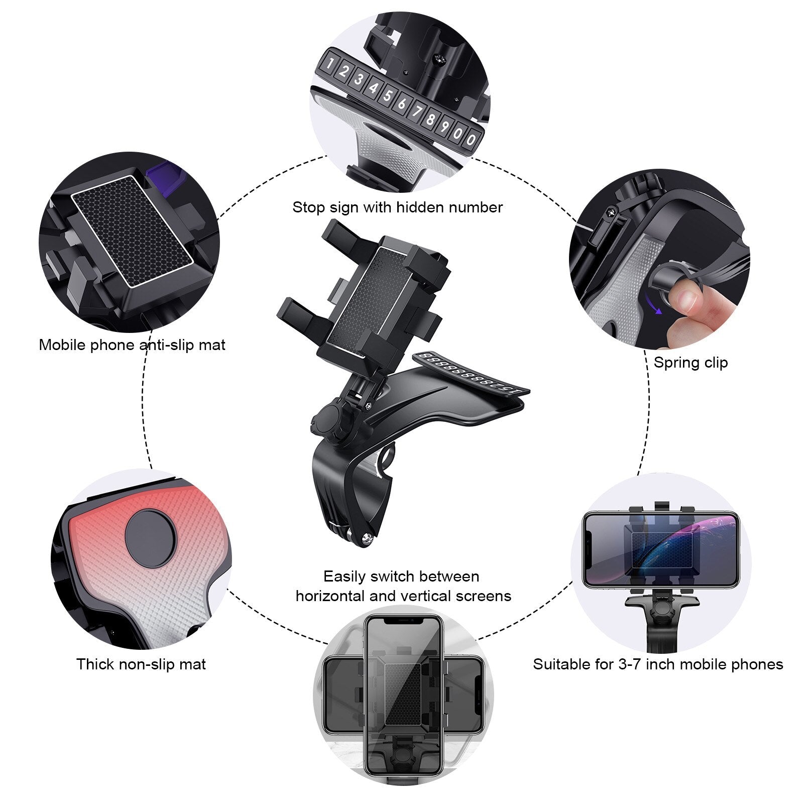 Close-up of the stable four-clip design of the phone holder