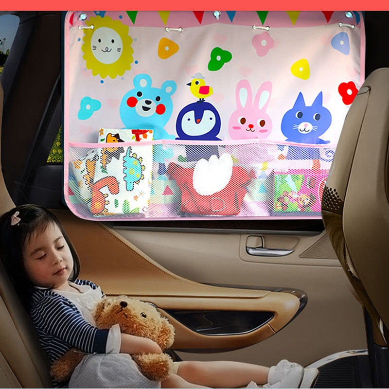 Retractable car sunshade organizer installed on a car window for kids gift