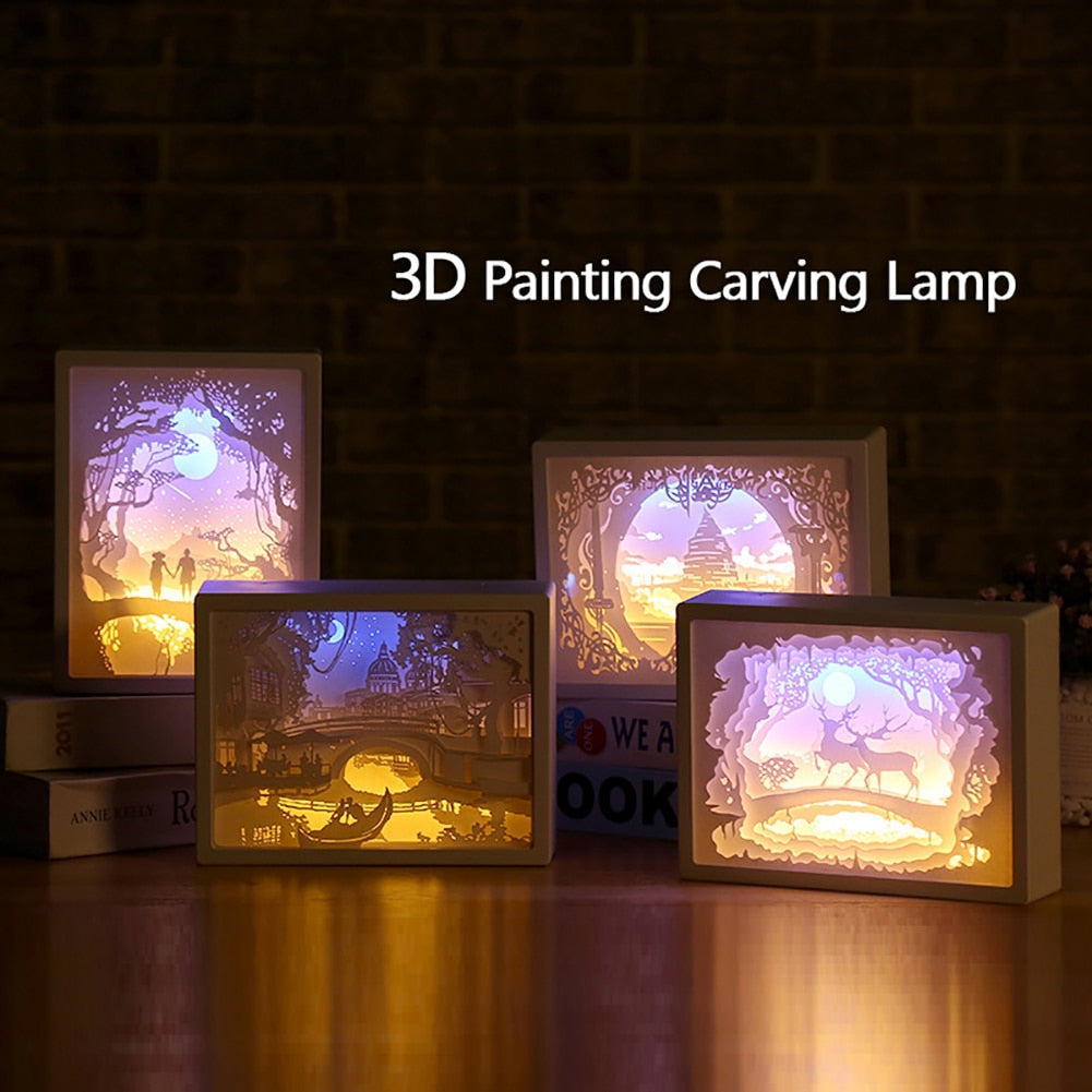 Close-up of the glowing 3D paper-carved night light