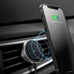 Revolving car wireless charger with a strong magnetic phone mount, keeping devices powered and accessible.