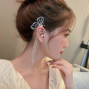 Sparkling crystal butterfly charm earrings with long tassels