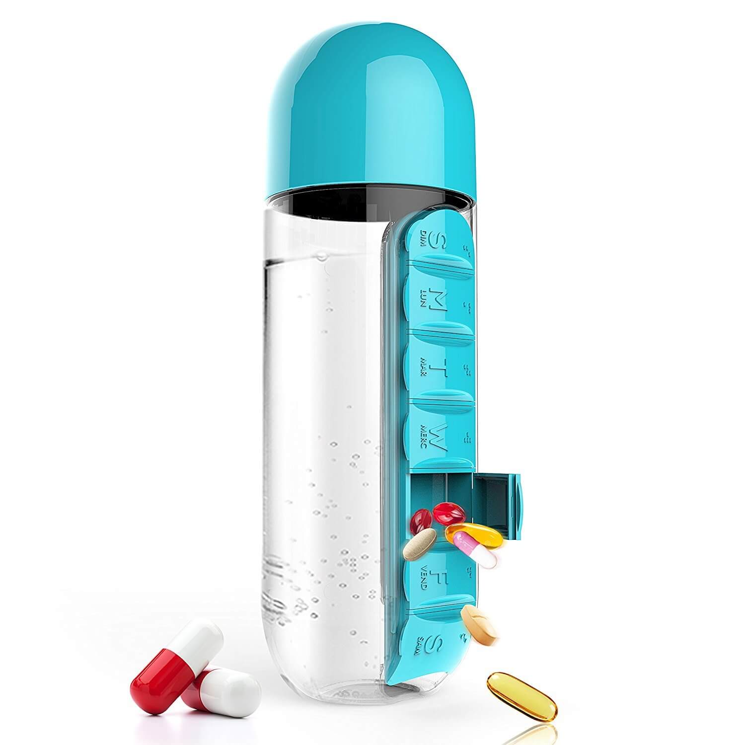 Water Bottle Daily Pill Organizer combining hydration and medication