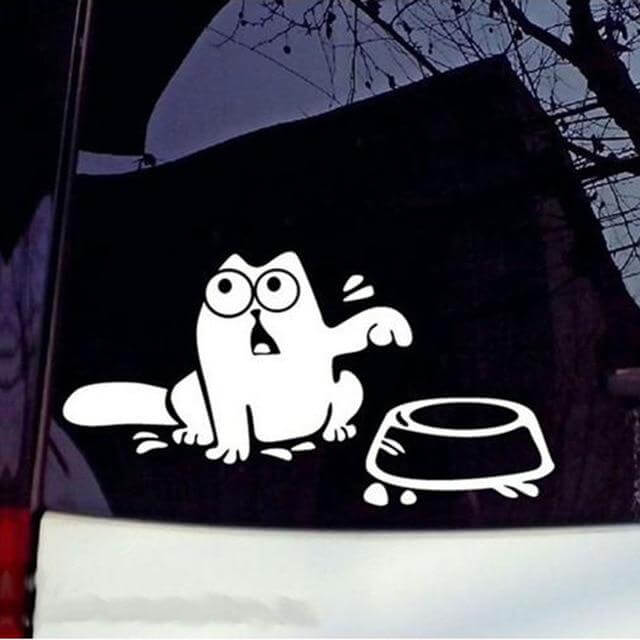 Close-up of the FEED ME cat car decal gift idea
