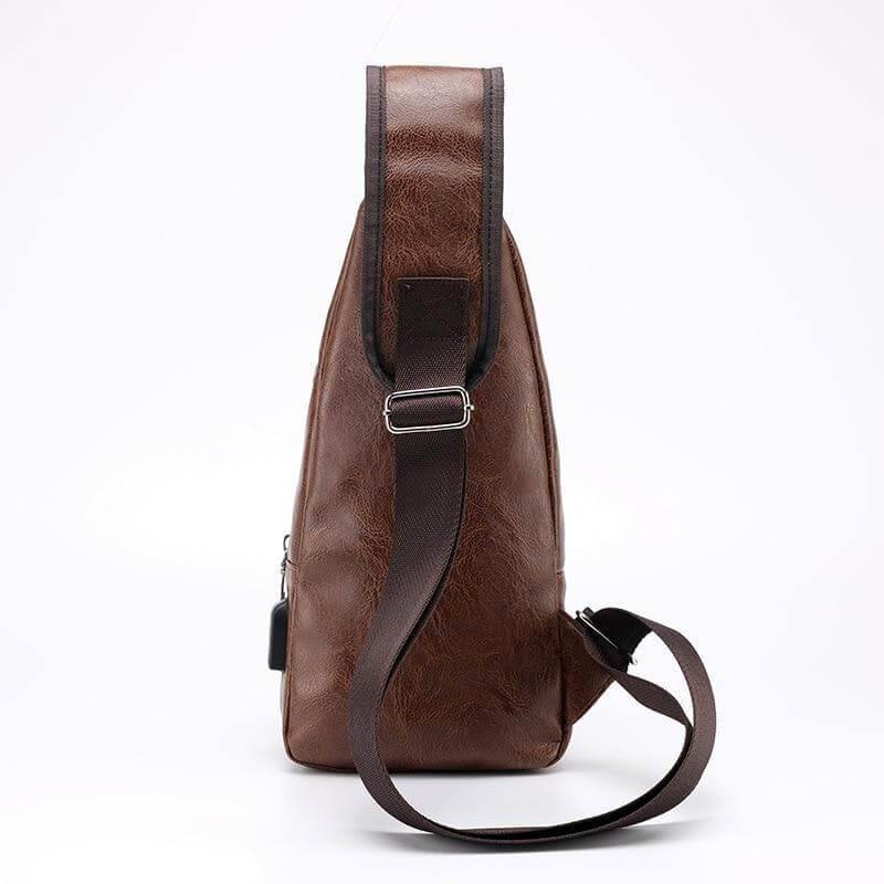 Close-up of the black leather Men Crossbody Bag