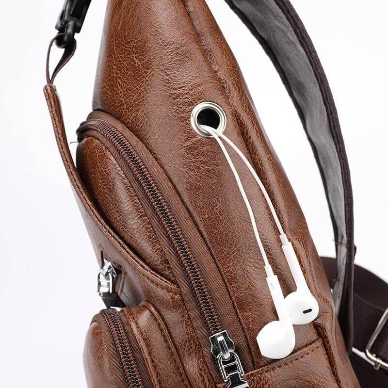 Detailed shot of the coffee-colored leather crossbody bag
