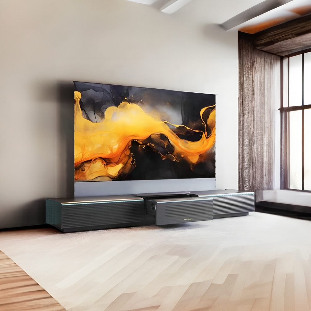 The motorized screen rising from the sleek cabinet