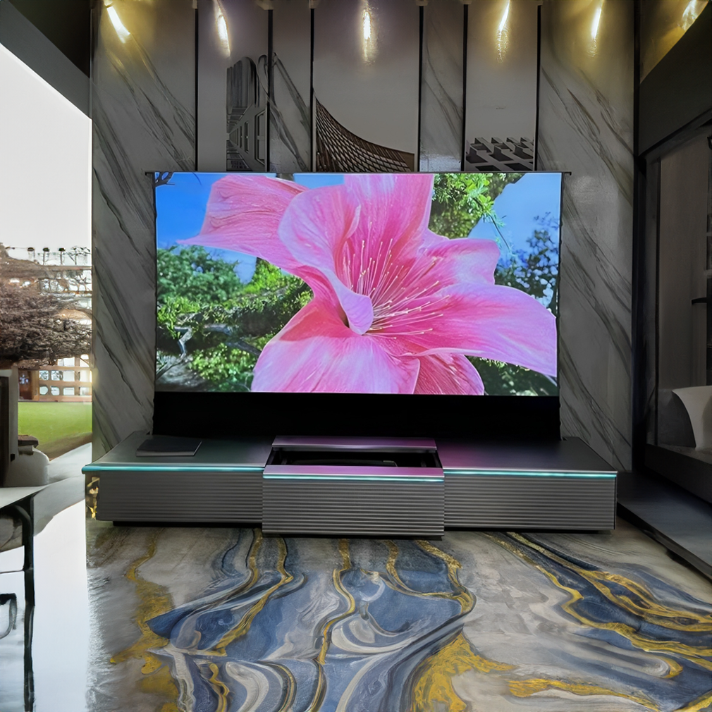 Ultra-Modern Motorized Screen Laser TV Console Cabinet in a stylish living room setting