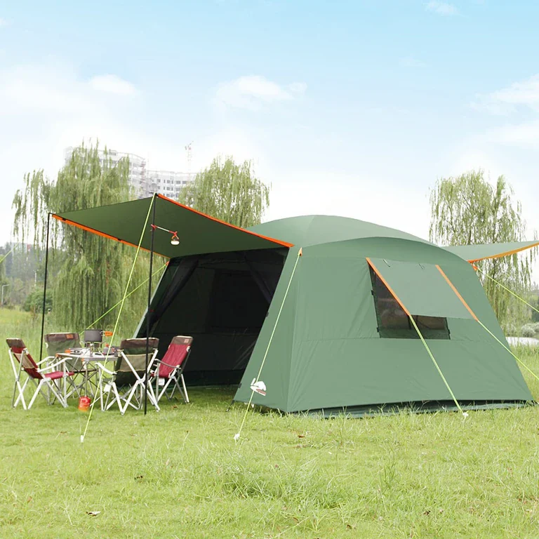 Car roof awning providing shade and shelter, easily attached to a vehicle for camping or outdoor events.