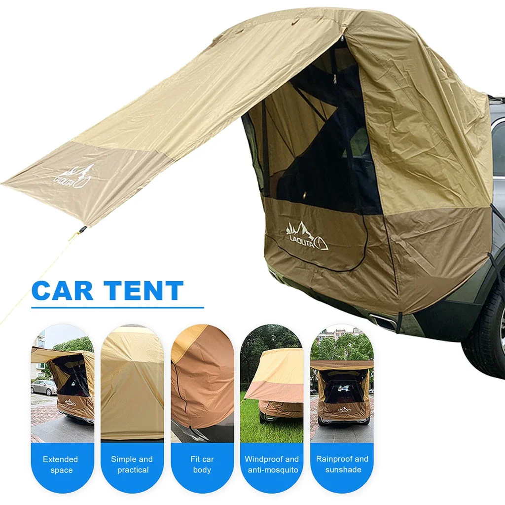 Car trunk awning providing shade over the back of an SUV, ideal for tailgating or comfortable roadside stops.