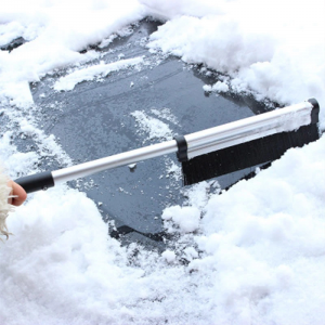 Extendable windshield snow and ice scraper with strong bristles