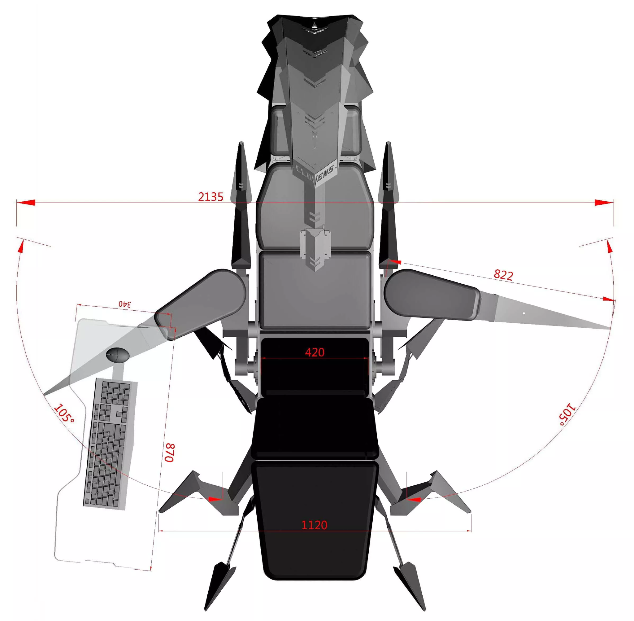 Dimensions and ergonomic design details of the Zero Gravity Massage Ergonomic Scorpion Gaming Chair