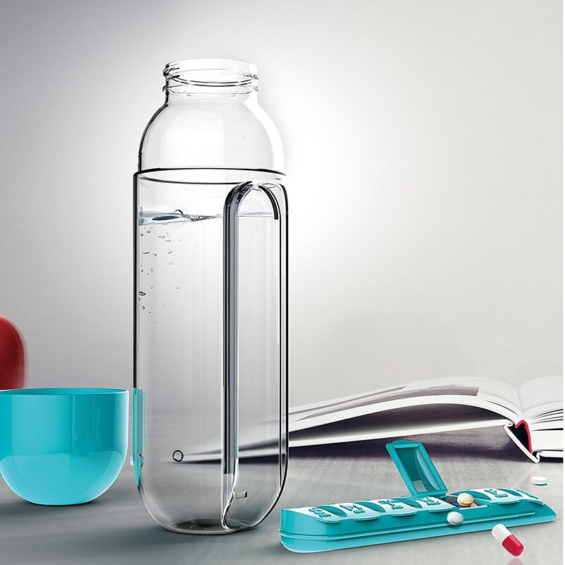 Detachable 7-day pill organizer on the water bottle