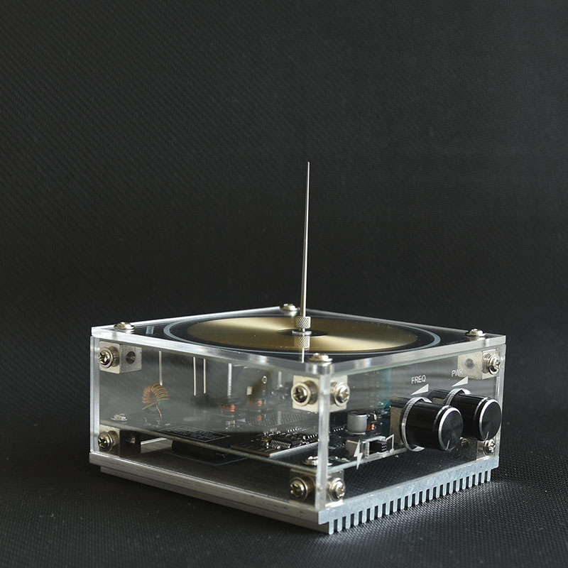 The Tesla Coil High-Frequency Speaker as a unique home decor item on a shelf