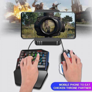Mobile Gaming Kit featuring a compact keyboard and mouse connected to a smartphone