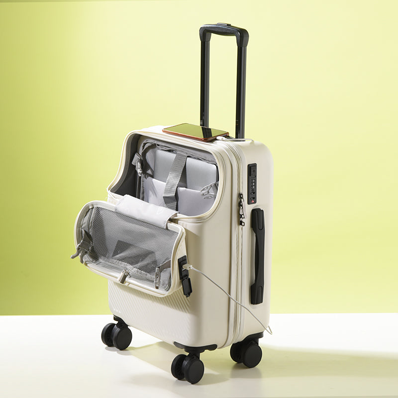 Stylish black luggage with front-opening compartment and USB charging port.