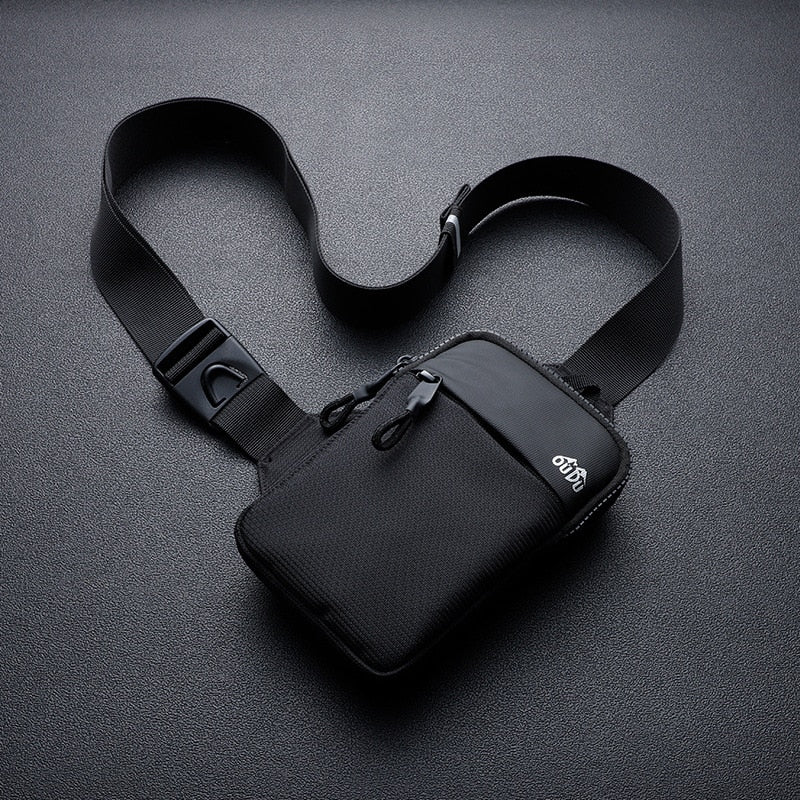 Dynamic gray water-resistant chest bag with a modern wave design, perfect for active sports and travel