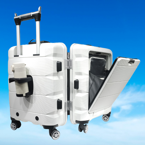 Professional grey business suitcase with USB charging port and smart compartments.